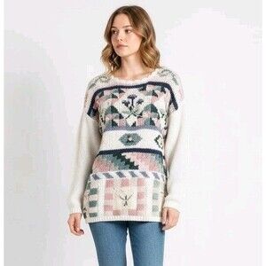 Vintage Sweater Medium Chunky Hand Knit Colorful Granny Floral Cottagecore Boho